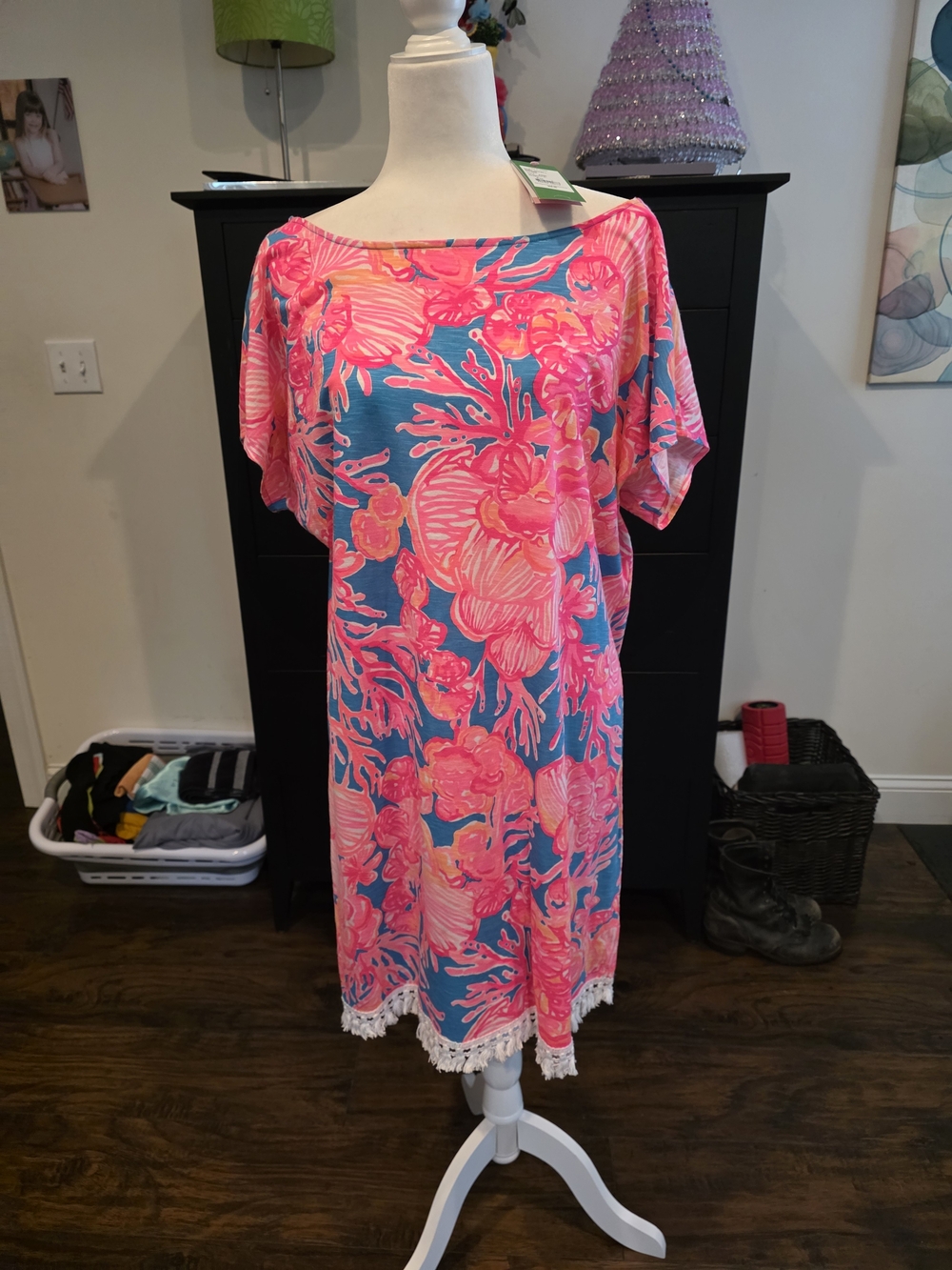 Lilly Pulitzer Pink & Blue Floral Shift Dress with Tassel Trim